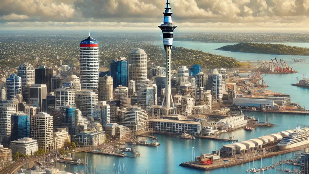 Illustrated aerial view of Auckland, with the Sky Tower rising above waterfront buildings and the harbor.