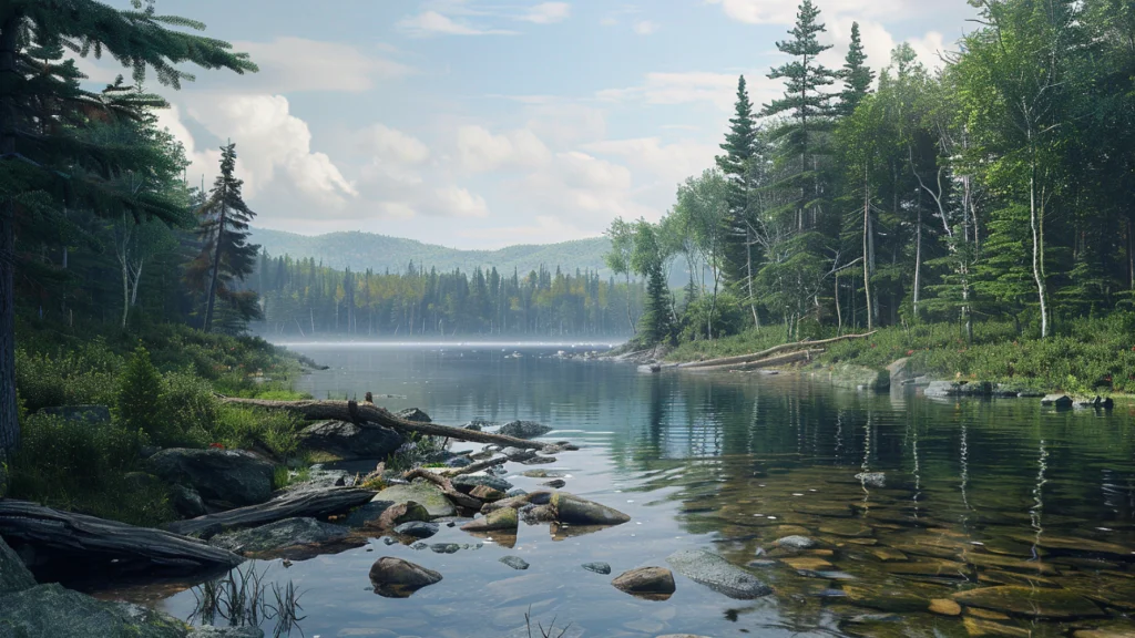 Illustration of a quiet lake bordered by dense evergreen forest, with rocks and fallen branches along the shore.