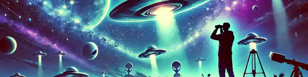Colorful sci-fi illustration of a person looking through binoculars beneath glowing UFOs, alien figures, planets, and a star-filled galaxy.