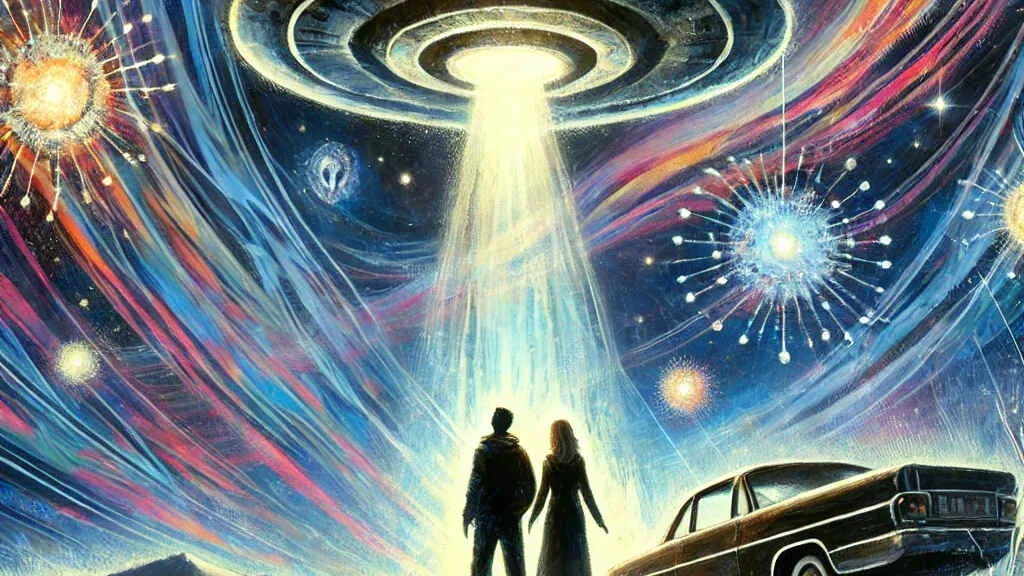 Illustration of a couple beside a car beneath a flying saucer, with a bright beam descending around them.