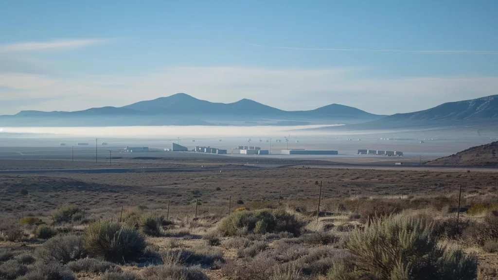 Illustrated view across desert scrub toward a distant airfield and hangars, with mountains beyond.
