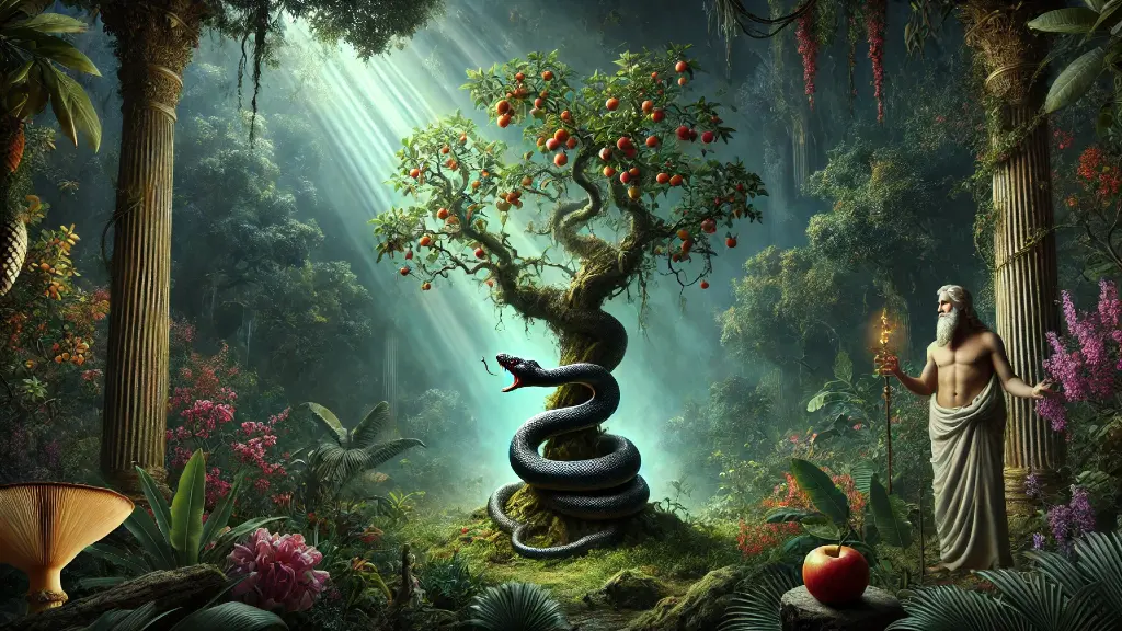 Illustration of a large serpent coiled around a fruit tree in a lush garden, with a robed figure nearby.