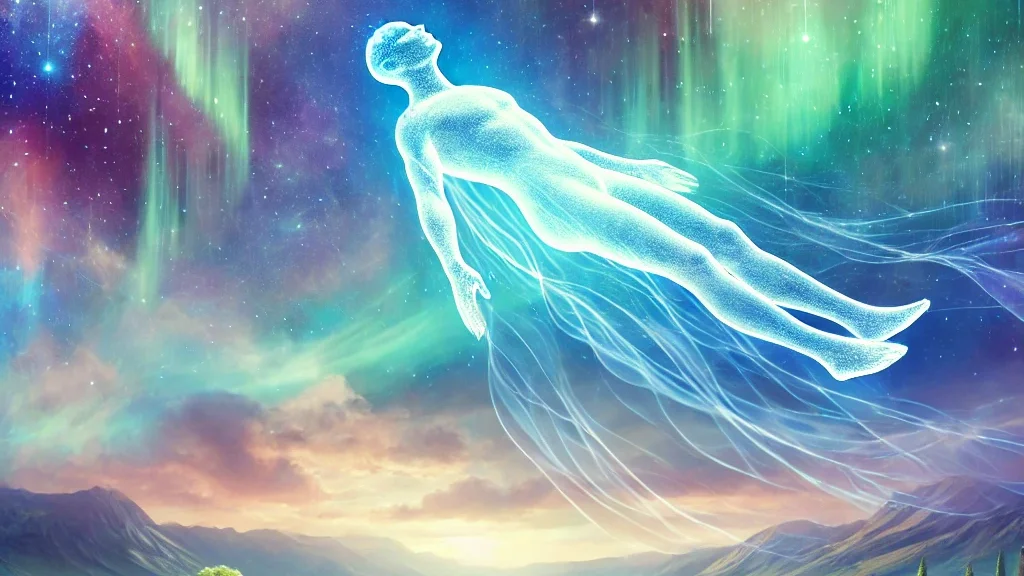 Illustration of a glowing blue humanlike spirit floating above mountains beneath colorful bands of light.