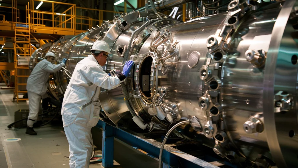 Technicians in white coats work beside a large cylindrical metal assembly in a particle accelerator facility.