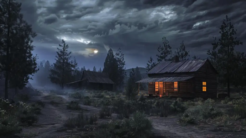 Illustration of a remote cabin with glowing windows beneath dark clouds, surrounded by trees and rough ground.