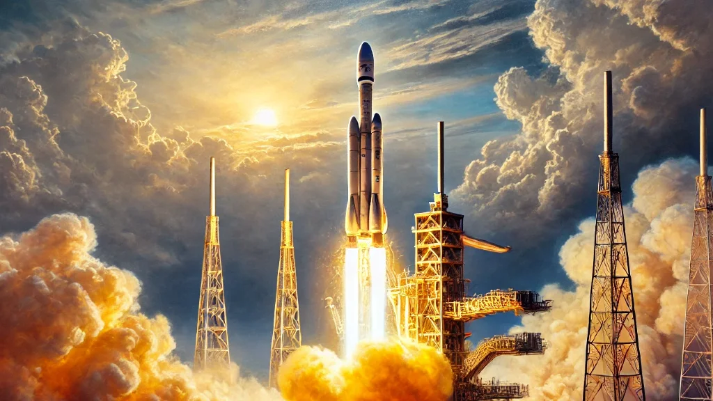 Illustration of a rocket lifting off beside launch towers, trailing bright flames and billowing smoke.
