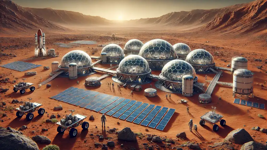 Illustration of domed habitats, solar panels, vehicles, and towers on a red desert plain surrounded by rocky hills.