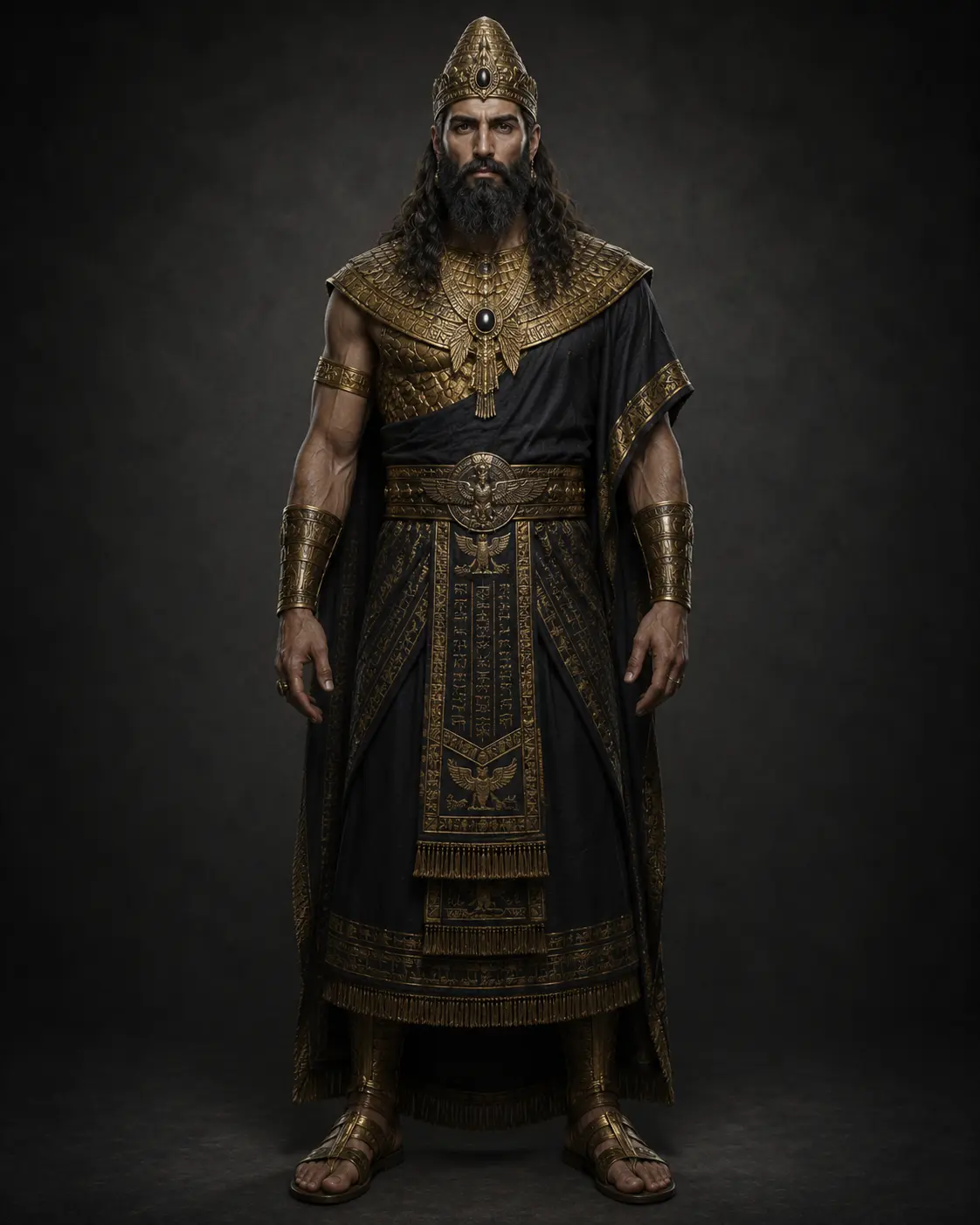 Illustration of a bearded figure in an ornate gold headdress, dark robes, and gold-trimmed armor.