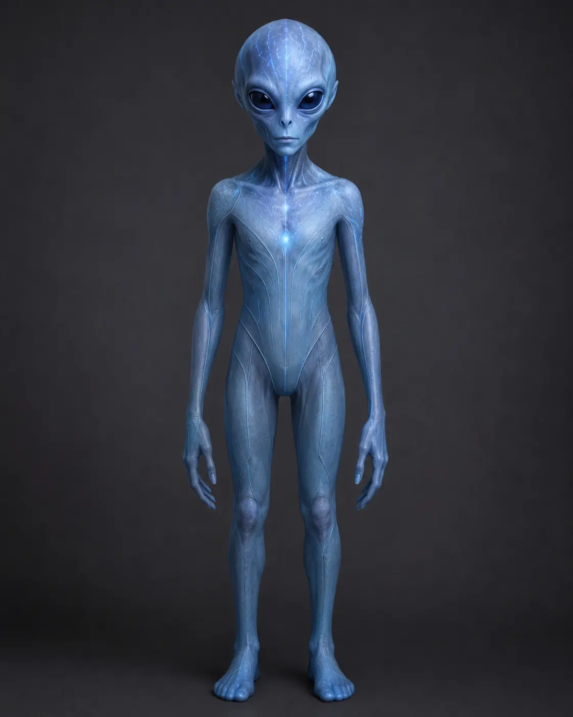 Illustration of a blue-skinned humanoid with a large smooth head, dark eyes, and a slender body.