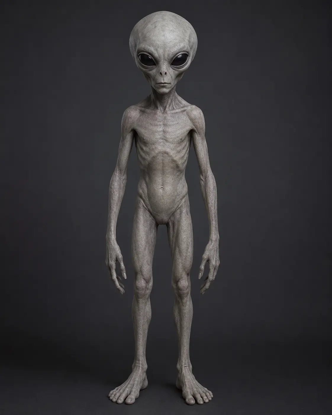 Illustration of a slender gray alien with an oversized bald head, large black eyes, and long fingers.