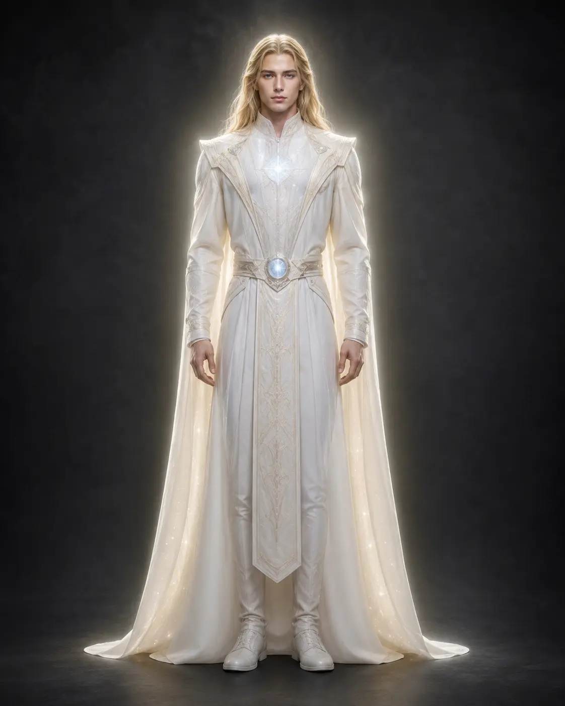 Illustration of a blond, humanlike figure wearing a flowing white robe with gold accents.