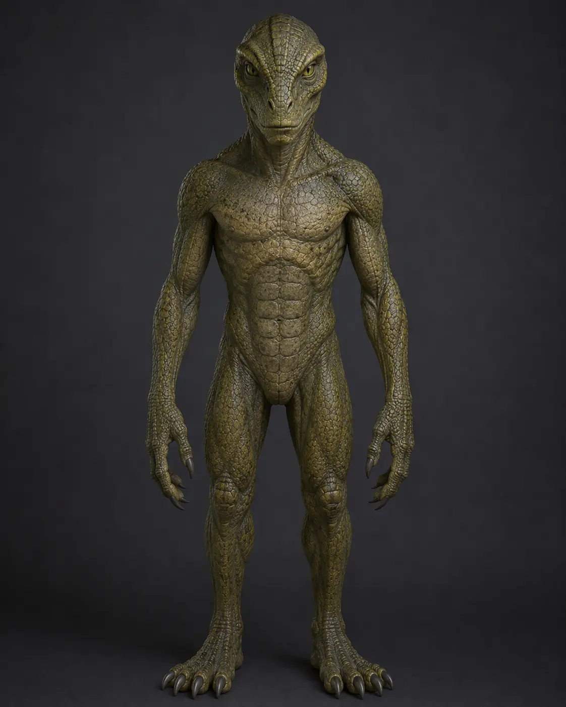 Illustration of a muscular green reptilian humanoid with scaled skin, a ridged head, and clawed feet.