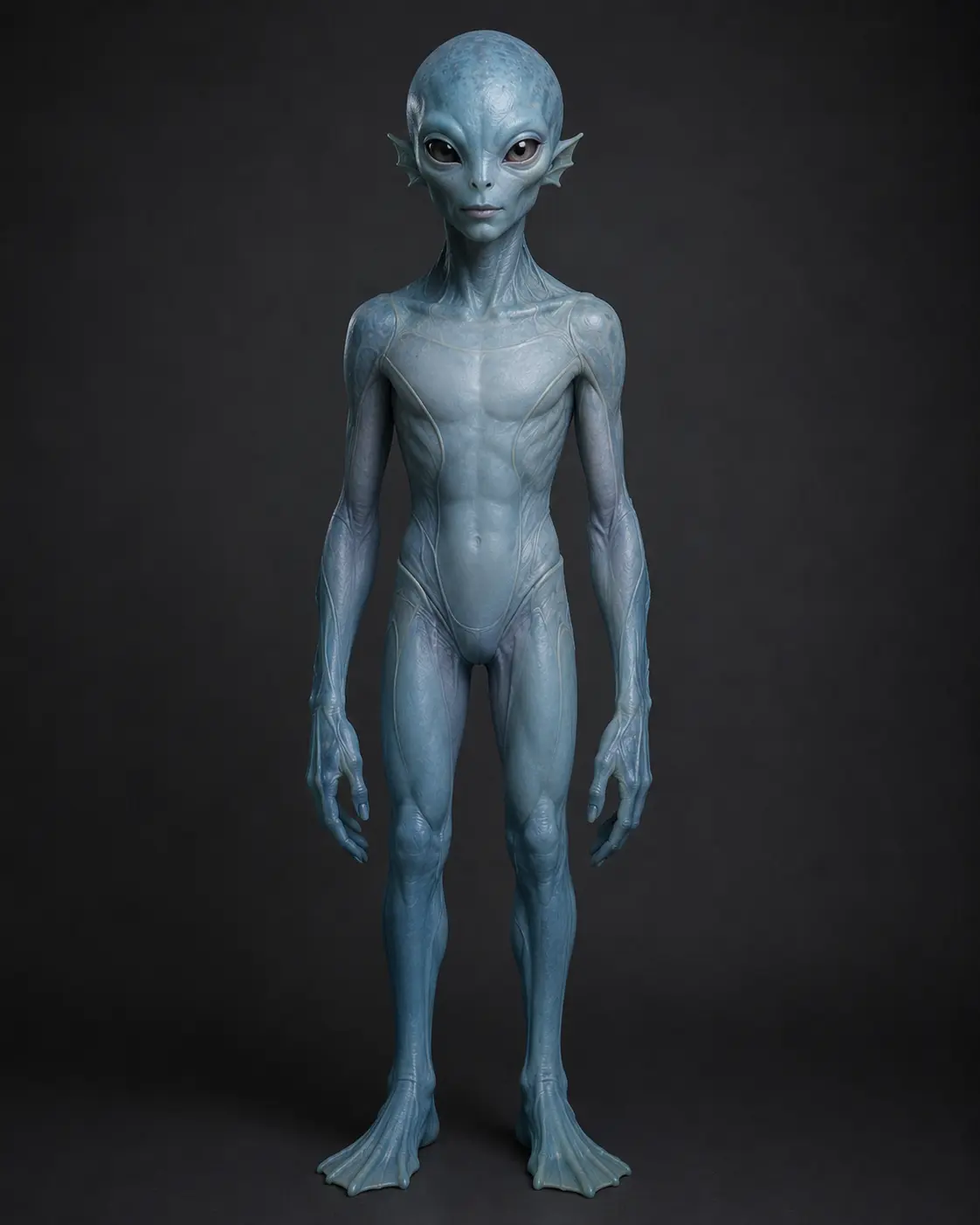 Illustration of a blue-gray humanoid with a broad bald head, dark almond-shaped eyes, and long limbs.