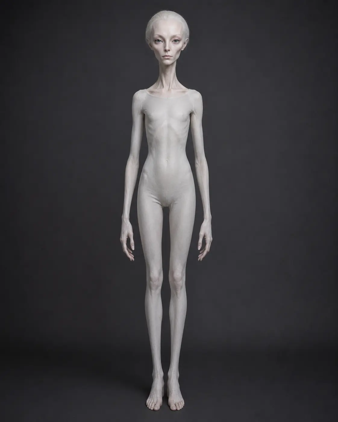 Illustration of a slender, pale humanoid with an elongated head, large eyes, and long arms and legs.