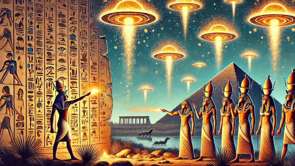 Illustration of glowing flying saucers above pyramids and Egyptian figures beside a wall covered in hieroglyphs.