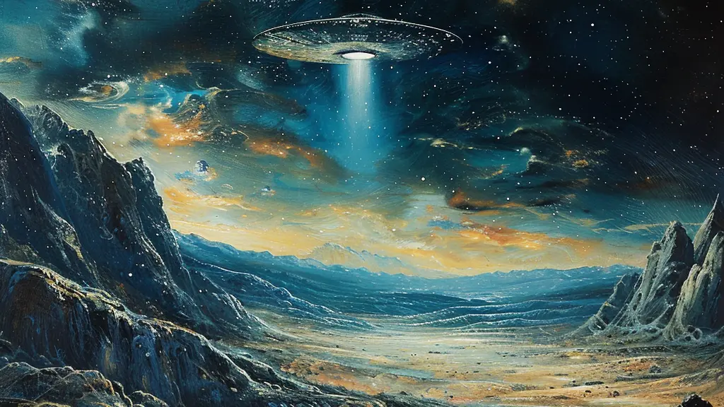 Illustration of a disc-shaped craft casting a blue beam over a barren mountain valley beneath a starry sky.