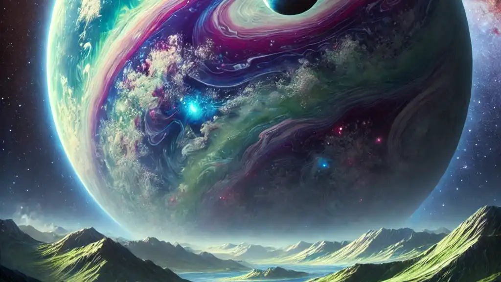 Illustration of a huge planet swirled with green, purple, and blue above a rugged extraterrestrial landscape.